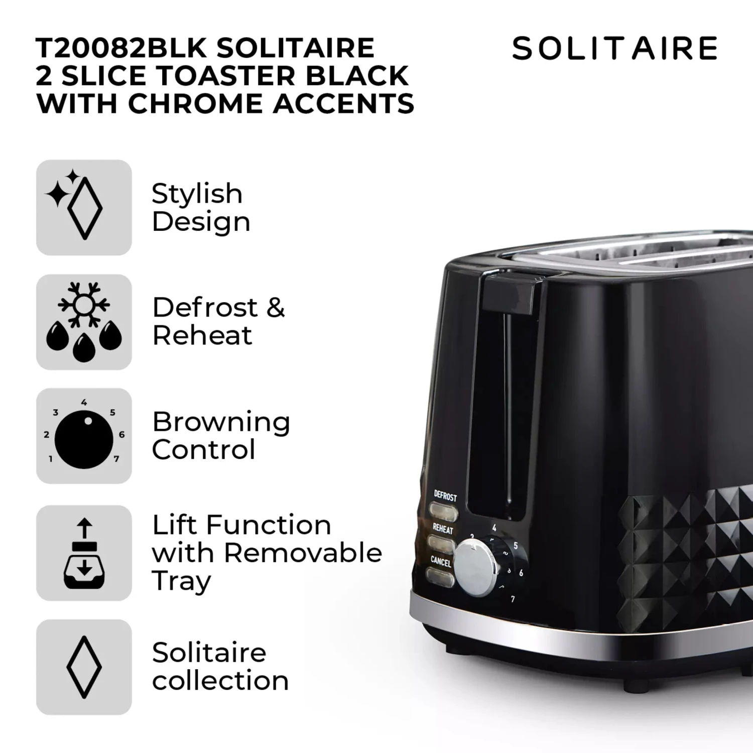 Tower Solitaire 2 Slice Toaster -Black 2 Tower Solitaire 2 Slice Toaster -Black - Image 2