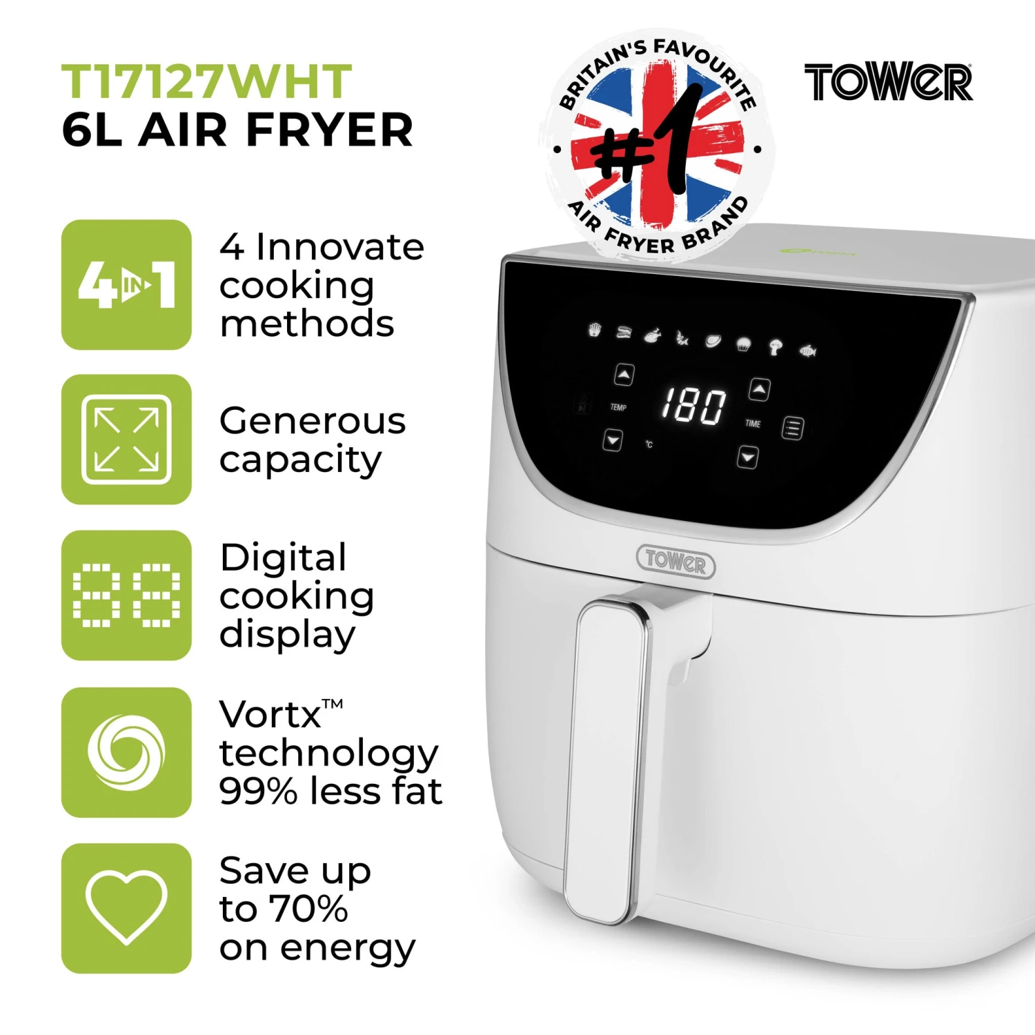 Tower T17127WHT Fryer Single 6 L Stand-alone 1700 W Hot Air Fryer White 2 Tower T17127WHT Fryer Single 6 L Stand-alone 1700 W Hot Air Fryer White - Image 2